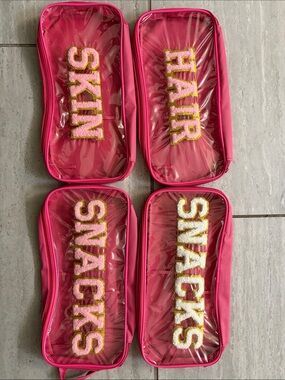 Pink Clear Cosmetic Pouches with 'HAIR / SKIN / SNACKS' Applique